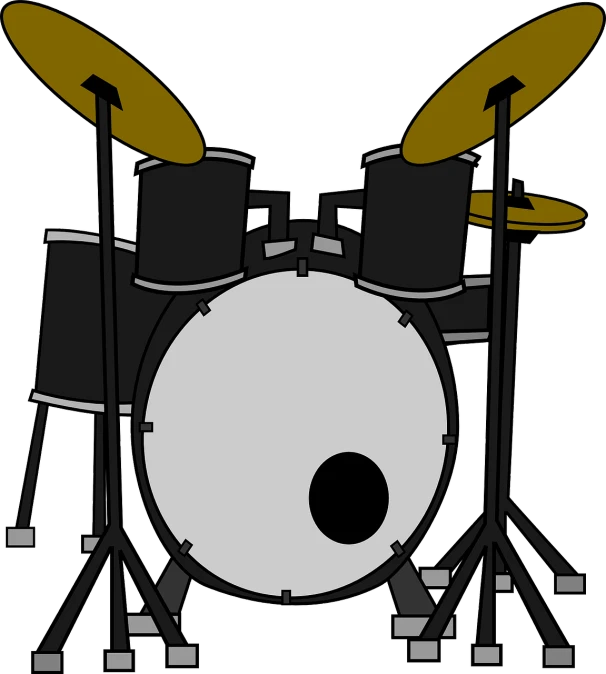 a black and white image of a drum set, a cartoon, inspired by Masamitsu Ōta, pixabay, bauhaus, on a flat color black background, clear detailed view, an eye, kit