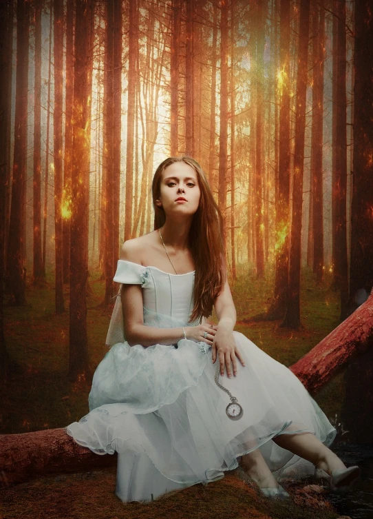 a woman in a white dress sitting on a log in a forest, digital art, inspired by Alice Prin, pixabay contest winner, looks like christina ricci, high quality fantasy stock photo, sad, katniss everdeen