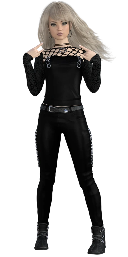a woman with blonde hair posing for a picture, a 3D render, inspired by Ludovit Fulla, dressed in biker leather, & a dark, intertwined full body view, background ( dark _ smokiness )