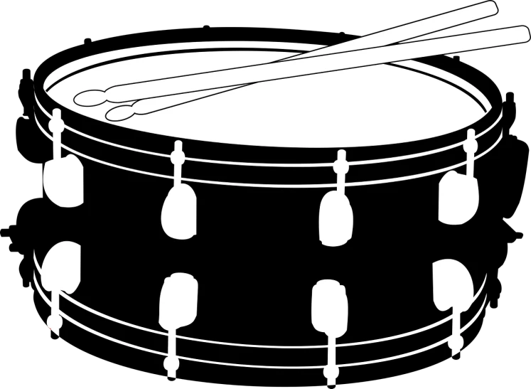 a drum with drumsticks sitting on top of it, a sketch, trending on pixabay, black backround. inkscape, --width 1600, tool band art, white