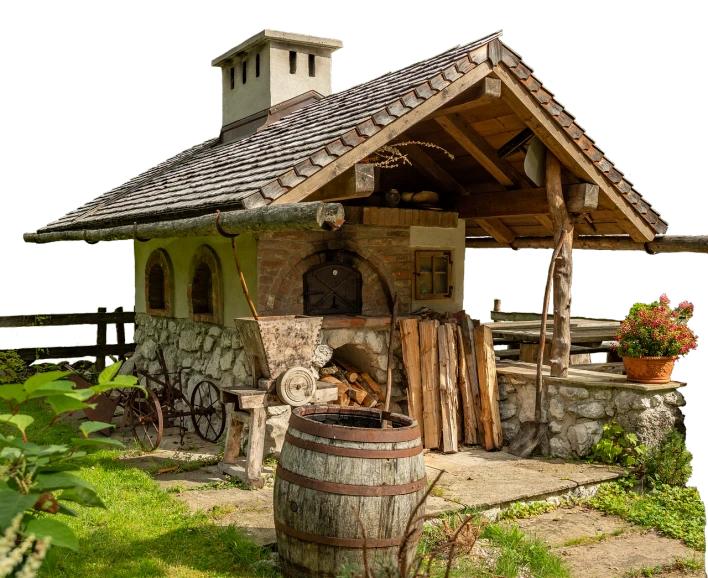 a small stone building with a fire place in front of it, by Hristofor Žefarović, shutterstock, brewing potion in witch hut, professional woodcarving, garden, on black background