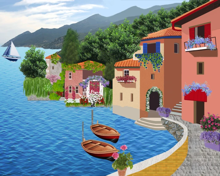 a group of boats floating on top of a body of water, a digital rendering, inspired by Guido Borelli da Caluso, naive art, french village interior, romantic simple path traced, mountains and lakes, detailed realistic colors