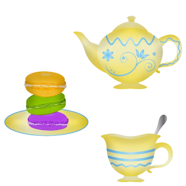 a tea pot and some macaroons on a plate, a pastel, by Nishida Shun'ei, pixabay, rococo, set of high quality hd sprites, black and yellow colors, some yellow and blue, plastic