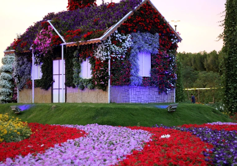 a house covered in flowers sitting on top of a lush green field, by senior artist, flickr, dubai, festival of rich colors, flowers in a flower bed, beautiful lit