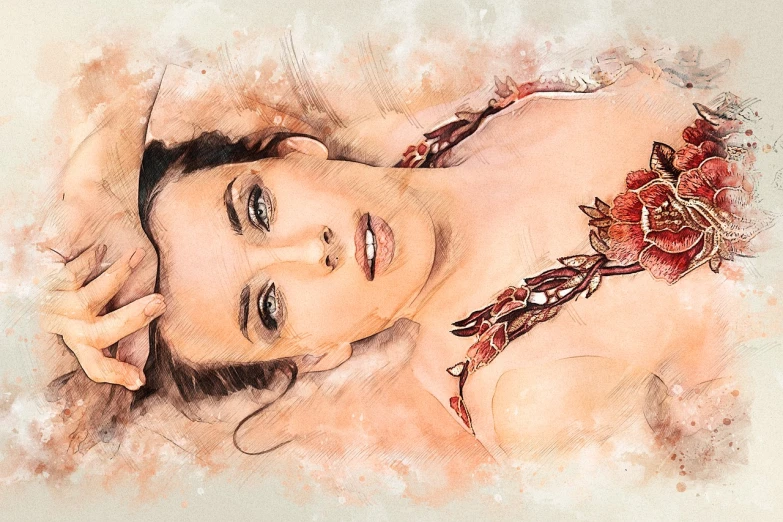 a drawing of a woman with flowers in her hair, digital art, inspired by Alberto Vargas, laying on her back, hyperrealistic photo luis royo, website banner, portrait of barbara palvin