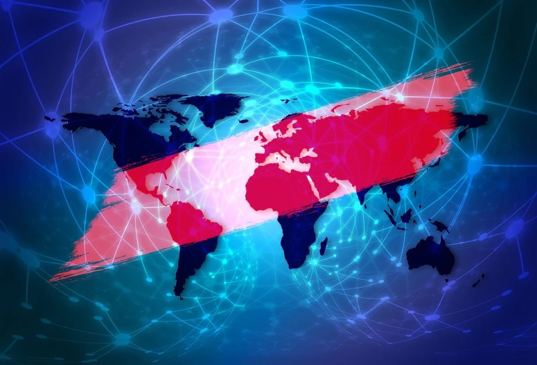 a map of the world with a red arrow, a digital rendering, digital art, blue and pink lighting, fiber optic network, high quality product image”, cold war