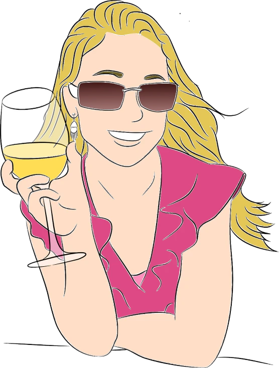 a woman wearing sunglasses holding a glass of wine, an illustration of, blond, colored lineart, medium detail, no detail