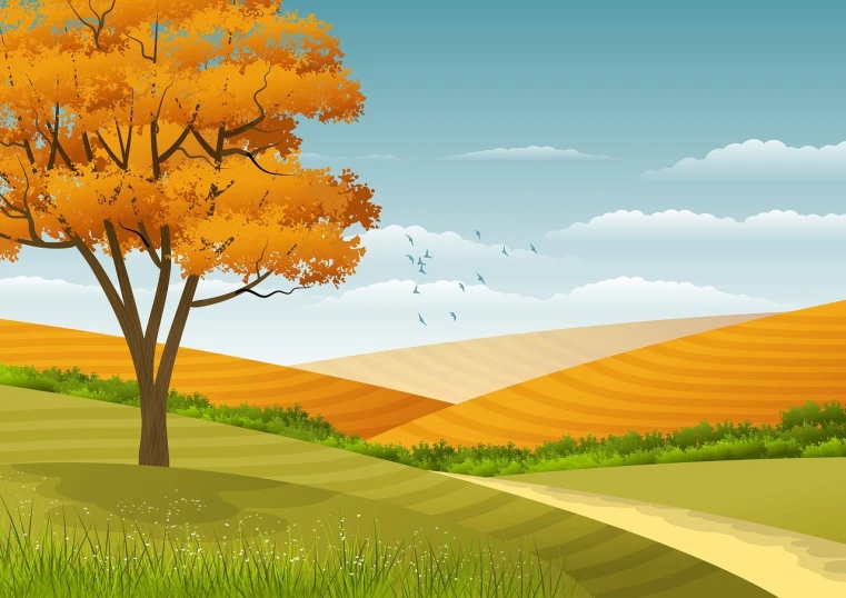 a tree that is standing in the grass, vector art, shutterstock, autumn field, next to farm fields and trees, hilly road, beautiful day