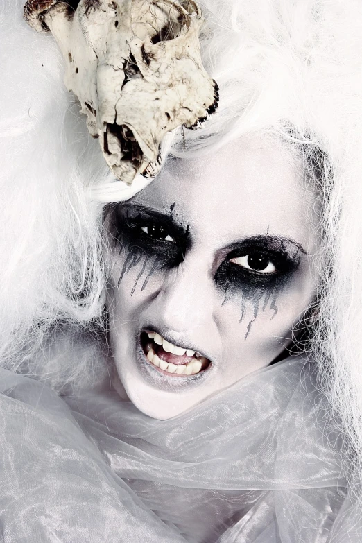 a close up of a person wearing a costume, a photo, gothic art, her face is coated in a white, marketing photo, fangs, elegant lady with alabaster skin