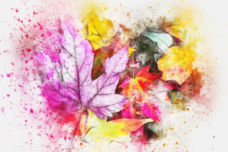 a painting of colorful leaves on a white background, a digital painting, trending on pixabay, art photography, mixed media style illustration, canadian maple leaves, philosophical splashes of colors, rough color pencil illustration