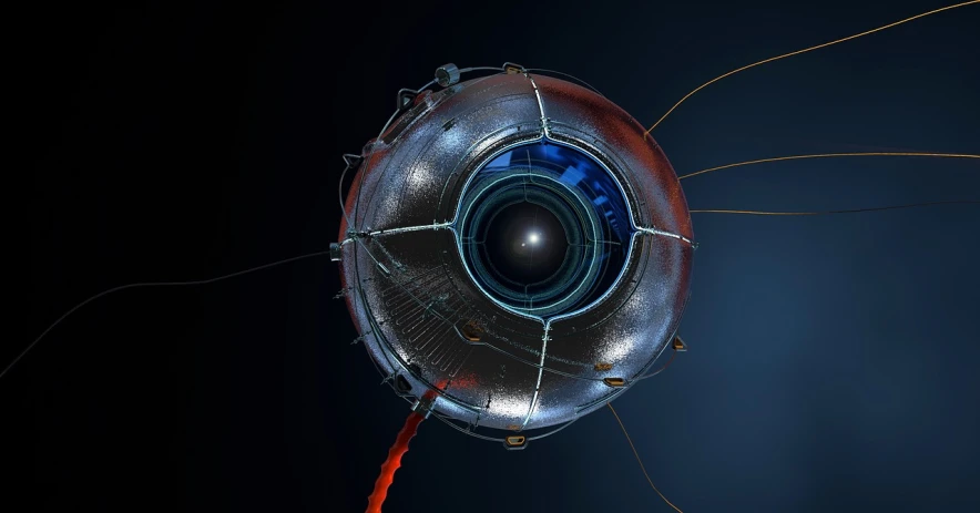 a close up of a metal object on a black background, a digital rendering, by László Balogh, zbrush central contest winner, bauhaus, eye fish lens, wires cybernetic implants, portal in space, blue eyeball