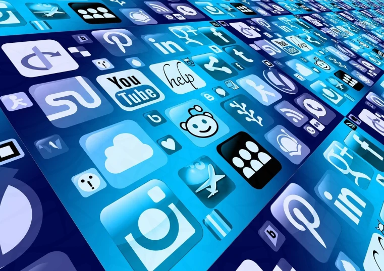 a bunch of social icons on a blue background, by Julian Allen, digital art, large screen, docks, setting, coherent photo