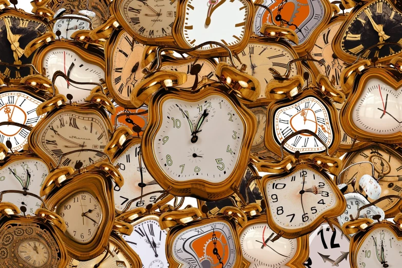 a bunch of clocks sitting on top of each other, a digital rendering, maximalism, golden time, alice in wonderland syndrome, shards of time, istockphoto