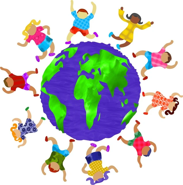 a group of children playing around the world, a picture, round dance, けもの, viewed from earth, encyclopedia illustration