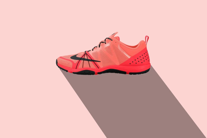 a close up of a shoe on a pink background, a digital rendering, shutterstock, minimalism, dim dingy gym, red - black, ebay listing thumbnail, 💣 💥