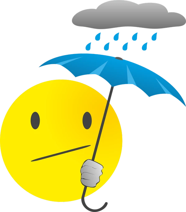 a smiley face holding an umbrella in the rain, a cartoon, mingei, disappointed, ( ( illustration, with a black dark background, avatar image