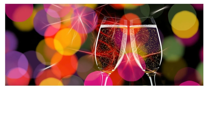 a couple of wine glasses sitting next to each other, a digital rendering, happening, sparkles in the air, bubbles ”, wine label, party in front