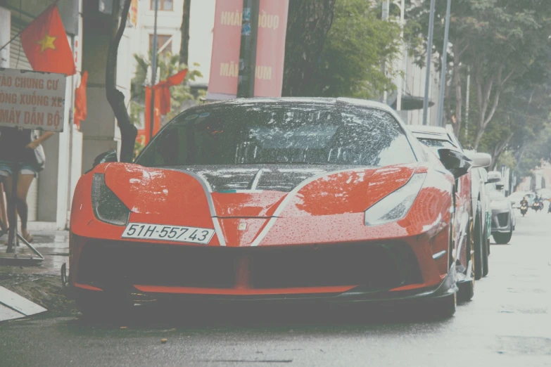 a red sports car parked on the side of the road, a picture, pexels contest winner, pop art, while it's raining, f12, gif, desaturated!