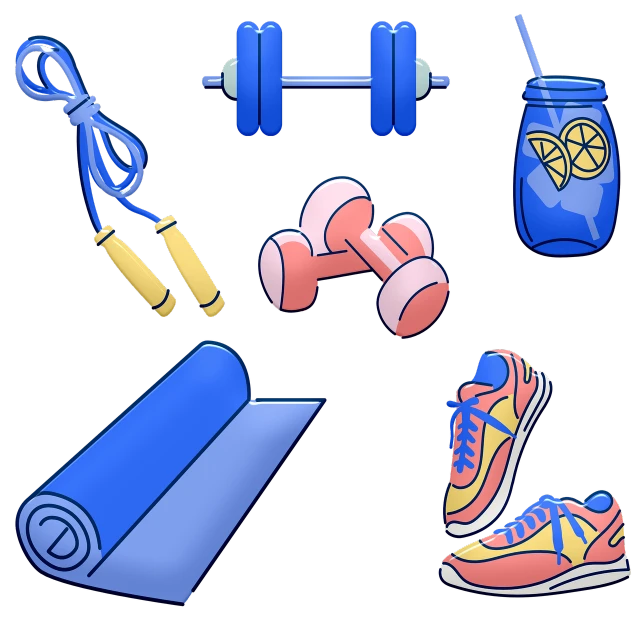 a bunch of items that are next to each other, a digital rendering, workout, cartoonish vector style, on a flat color black background, reflective material