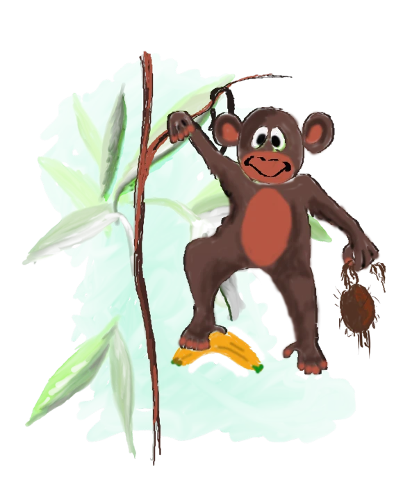 a drawing of a monkey hanging from a tree, a digital rendering, deviantart contest winner, cartoon style illustration, of bamboo, subject= chimp, toddler