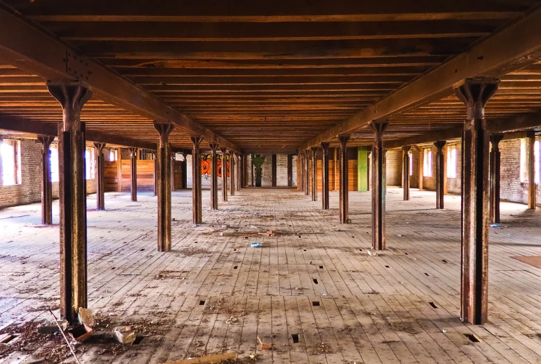an empty room with wooden floors and beams, by Richard Carline, shutterstock, old lumber mill remains, colonnade, 2 4 mm iso 8 0 0, underbody