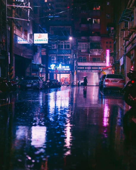 a city street filled with lots of traffic at night, cyberpunk art, by Liam Wong, unsplash contest winner, rain puddles, style of alena aenami, shenzhen, abandoned streets