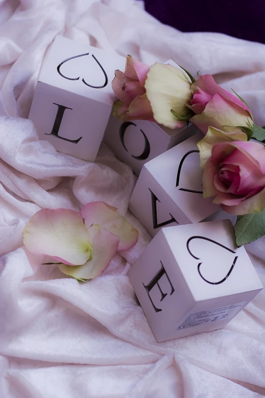 a bunch of flowers sitting on top of a bed, a photo, romanticism, cubic blocks, love hate love, detailed letters, high res photo