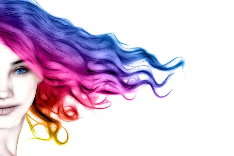a close up of a person with colorful hair, a digital rendering, shutterstock, isolated on white background, beautiful long fire hair, swirly smoke, colorful palette illustration