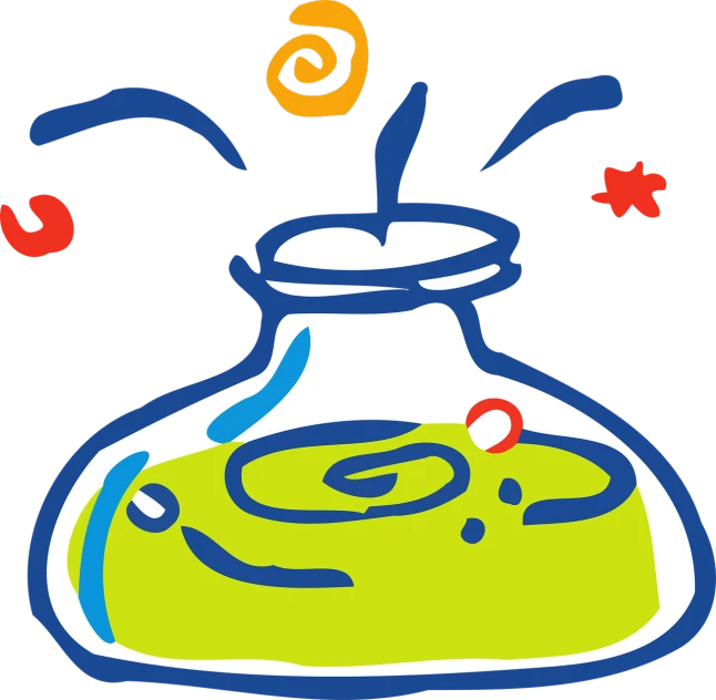 a bottle of liquid with coins coming out of it, an illustration of, inspired by Joan Miro, pixabay, some yellow green and blue, casting a spell on a potion, clipart icon, badly drawn