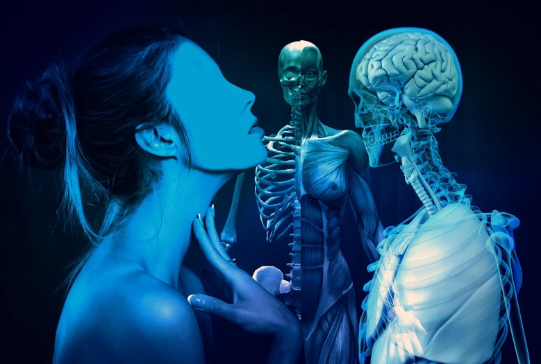a woman standing next to a skeleton in a dark room, digital art, massurrealism, blue realistic 3 d render, latex flesh and facial muscles, kiss, with a blue background