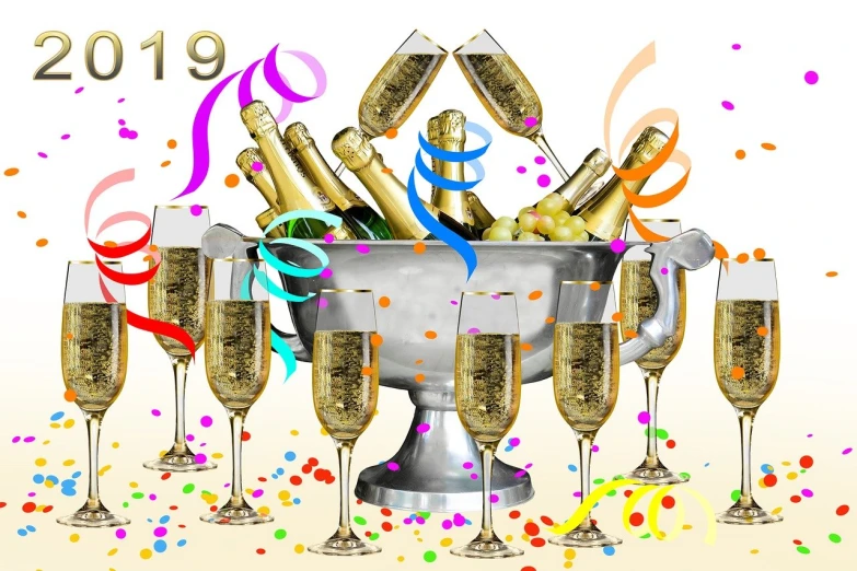 a group of champagne flutes in a bucket filled with confetti, a digital rendering, by Melissa Benson, set in 19xx, numerology, 1 9 year old, - 9