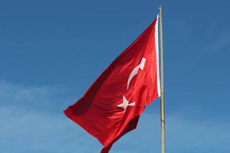 a red and white flag blowing in the wind, by Tom Carapic, hurufiyya, turkey, ham, trident, sunny sky