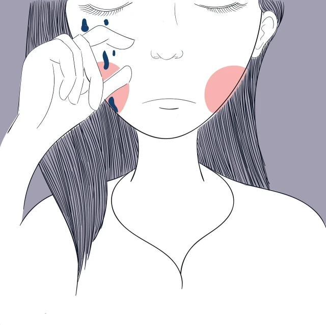 a drawing of a woman putting makeup on her face, aestheticism, big drops of sweat, skin care, without eye, lowres