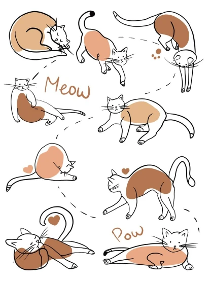 a drawing of a cat doing different poses, by Martina Krupičková, shutterstock, paw pov, peach and goma style, calico, japanese cartoon style