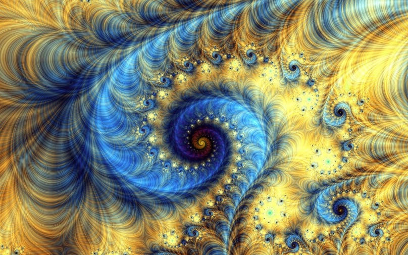 a computer generated image of a blue and yellow spiral, inspired by Benoit B. Mandelbrot, generative art, golden feathers, intricate tapestry, swirling scene, fractal of scary dirac equations