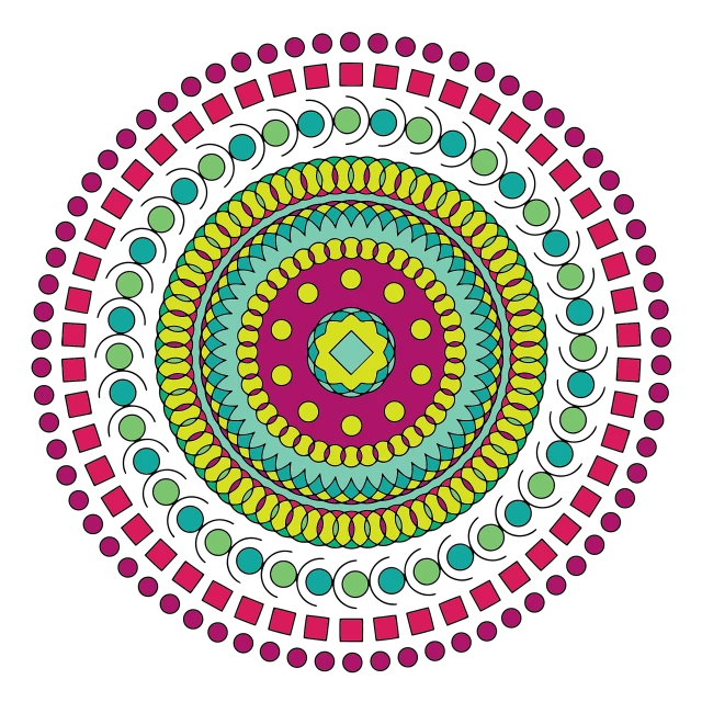 a colorful circular design on a black background, vector art, inspired by Murakami, neon aztec, turquoise pink and yellow, symmetry illustration, dotting