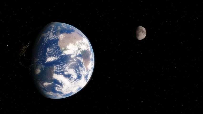 a view of the earth and the moon from space, a digital rendering, by Juan O'Gorman, realism, animation still, mars setting, photorealistic - h 6 4 0, looking at the moon