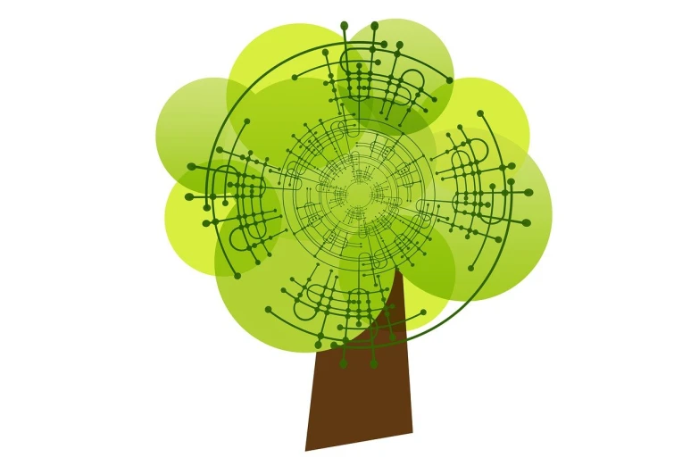 a drawing of a tree on a white background, a digital rendering, inspired by Masamitsu Ōta, generative art, green technology, eniac computer, apple design, flat