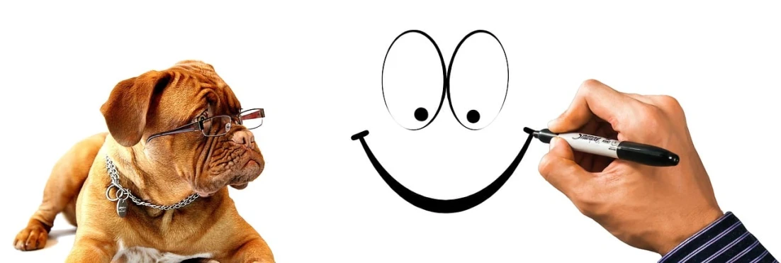 a dog is drawing a smiley face with a pen, a picture, inspired by Charles Schulz, trending on pixabay, minimalism, happy smiling human eye, drawn with photoshop, spectacles, banner