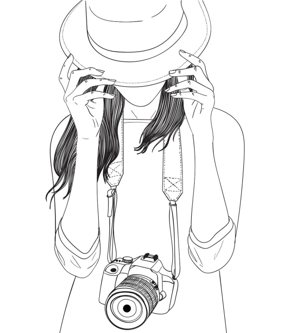 a black and white drawing of a woman holding a camera, lineart, by Naondo Nakamura, pixabay contest winner, art photography, hat covering eyes, colouring pages, isolated on white background, illustration:.4