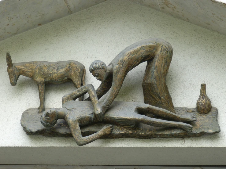 a statue of a man and a dog on top of a building, by Aristide Maillol, flickr, folk art, lovers melting into bed, medical depiction, cave art, thylacine