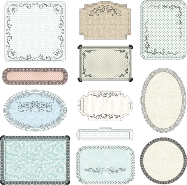 a set of decorative frames and labels on a black background, a pastel, by Joseph Raphael, flickr, pale cyan and grey fabric, rounded corners, intricate details illustration, linen