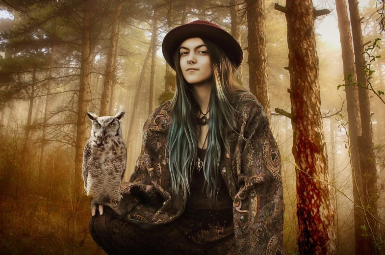 a woman sitting in the woods with an owl, a portrait, inspired by Anne Stokes, digital art, beautiful cowboy witch, post - apocalyptic vibe, sienna, samhain figure