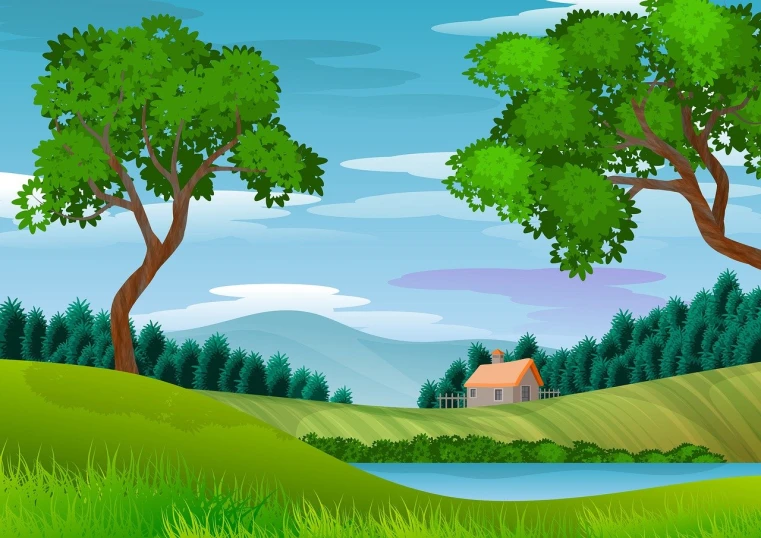 a house sitting in the middle of a lush green field, an illustration of, beautiful lake background, hill with trees, illustration, velly distant forest