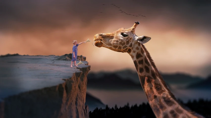 a giraffe standing on top of a cliff next to a person, an airbrush painting, inspired by Tom Chambers, pixabay contest winner, fantastic realism, with a kid, sing for the tear, the cat looks like giraffe, cute photo