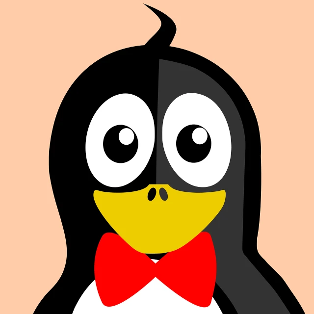 a cartoon penguin with a red bow tie, vector art, mingei, long thick shiny black beak, zoomed in, programming, li zixin