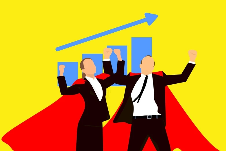 a couple of men standing next to each other, pixabay, excessivism, one fist raised high in triumph, corporate animation style, yellow and red, economic boom