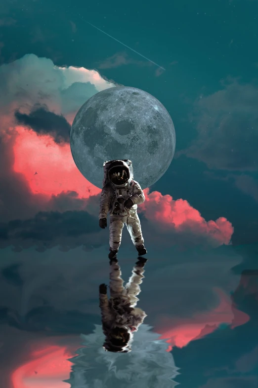 an astronaut floating in the water with a full moon in the background, inspired by Scott Listfield, pexels contest winner, among the clouds, marvellous reflection of the sky, giant pink full moon, spaceman standing looking