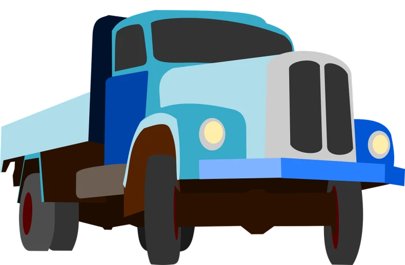 a blue and white truck on a black background, pixabay, mingei, full color illustration, 6 0's, front perspective, broken down