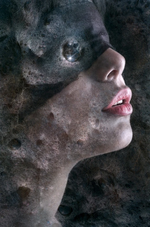 a close up of a woman's face with her eyes closed, inspired by Igor Morski, digital art, moldy, cavewoman, side profile in underwater, vertical portrait